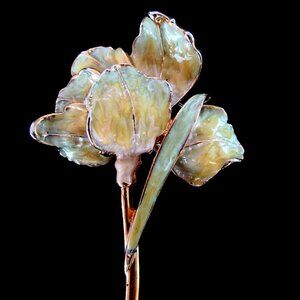 Vintage enameled watercolor greens & yellow stylized orchid brooch - gold tone